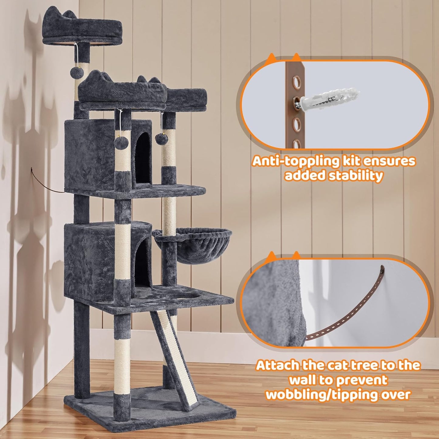 Yaheetech 68.5-Inch Multi-Level Cat Tree for Large Cats with Three Spacious Perches and Large Condo, Stable Pet Playhouse Featuring Sisal-Covered Scratching Posts and Board in Dark Gray