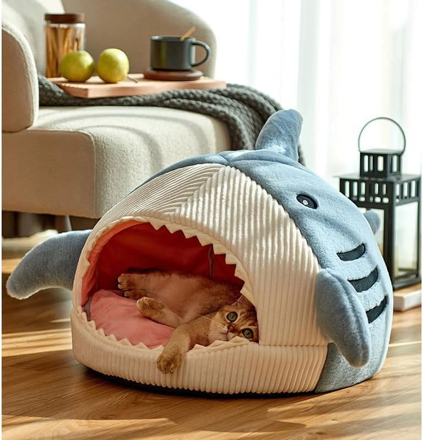 Large Shark-Shaped Cat Bed with Removable and Washable Pillow in Blue
