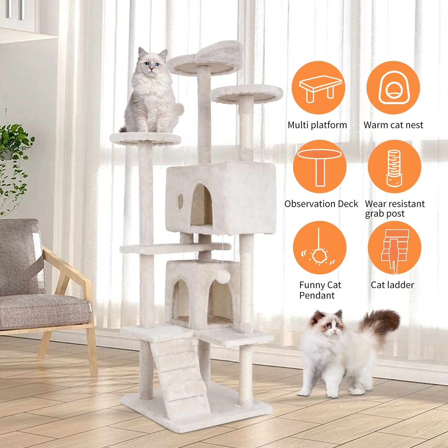 70-Inch Multi-Level Cat Tree Tower for Indoor Cats with Scratching Posts, Condo, and Play Toys - Beige