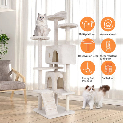 70-Inch Multi-Level Cat Tree Tower for Indoor Cats with Scratching Posts, Condo, and Play Toys - Beige