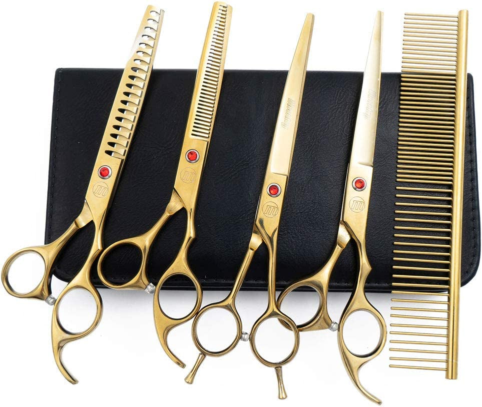 Professional Dog Grooming Scissors Set - 7 Inch and 8 Inch Chunkers, Curved Shears, and Thinning Shears with Grooming Comb