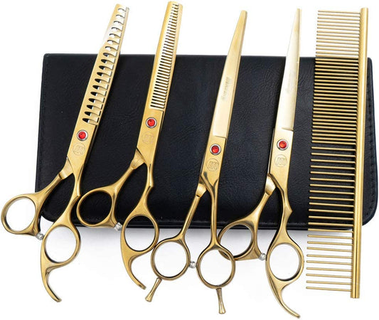 Professional Dog Grooming Scissors Set - 7 Inch and 8 Inch Chunkers, Curved Shears, and Thinning Shears with Grooming Comb