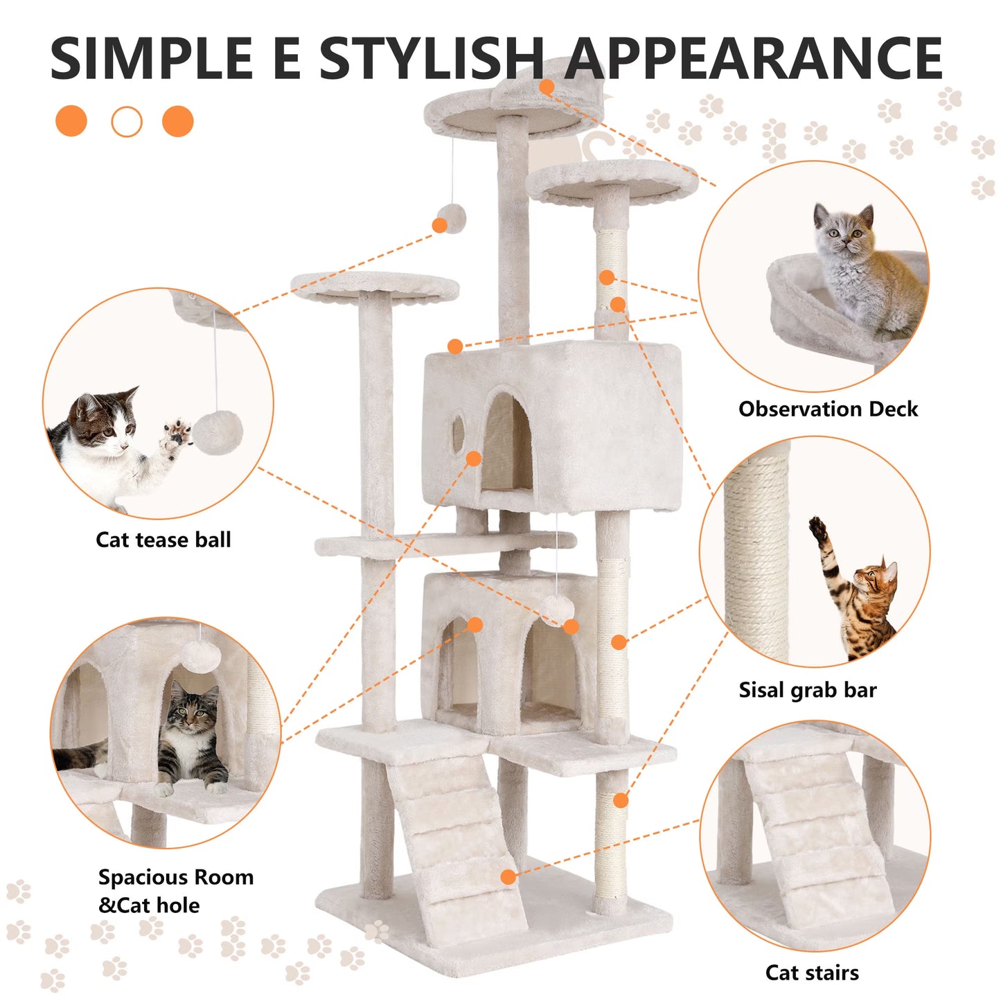 70-Inch Multi-Level Cat Tree Tower for Indoor Cats with Scratching Posts, Condo, and Play Toys - Beige