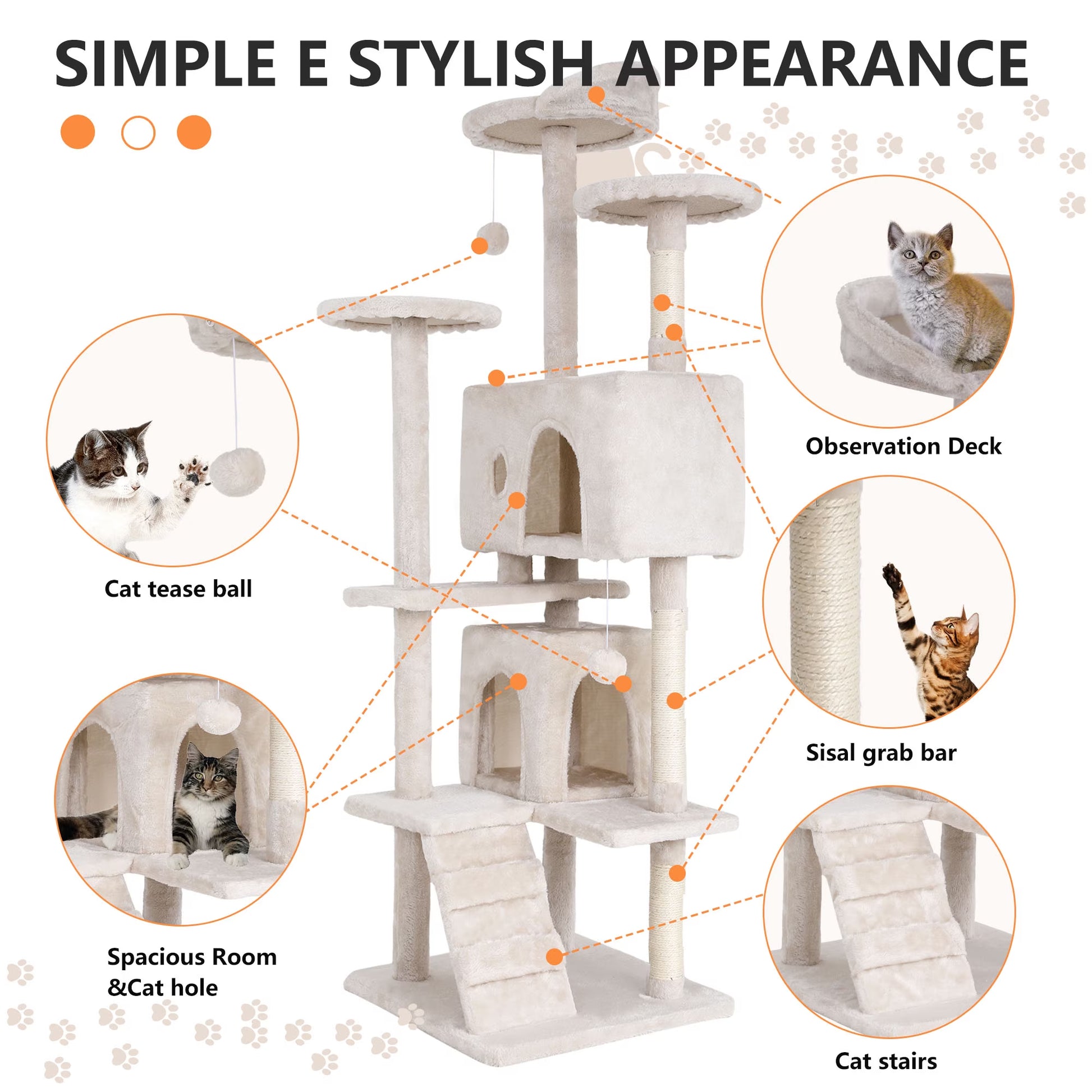 70-Inch Multi-Level Cat Tree Tower for Indoor Cats with Scratching Posts, Condo, and Play Toys - Beige