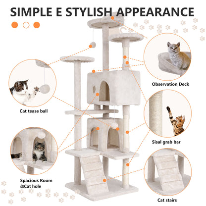 70-Inch Multi-Level Cat Tree Tower for Indoor Cats with Scratching Posts, Condo, and Play Toys - Beige