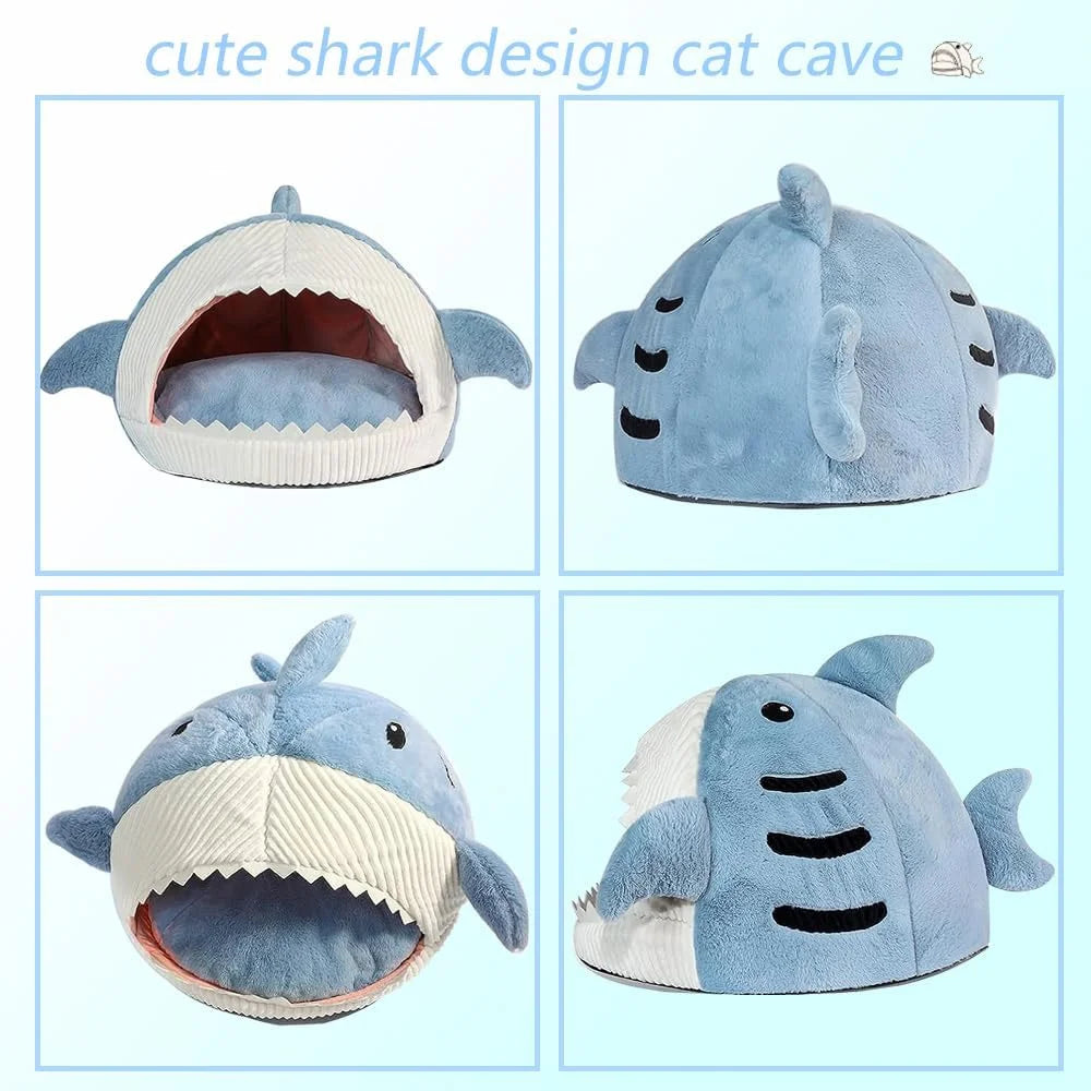 Large Shark-Shaped Cat Bed with Removable and Washable Pillow in Blue