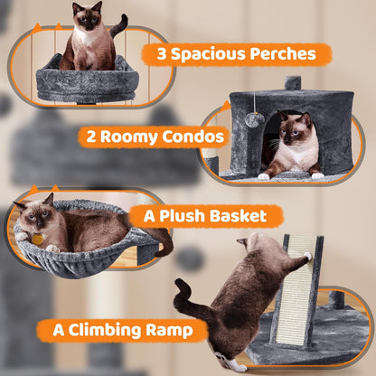 Yaheetech 68.5-Inch Multi-Level Cat Tree for Large Cats with Three Spacious Perches and Large Condo, Stable Pet Playhouse Featuring Sisal-Covered Scratching Posts and Board in Dark Gray