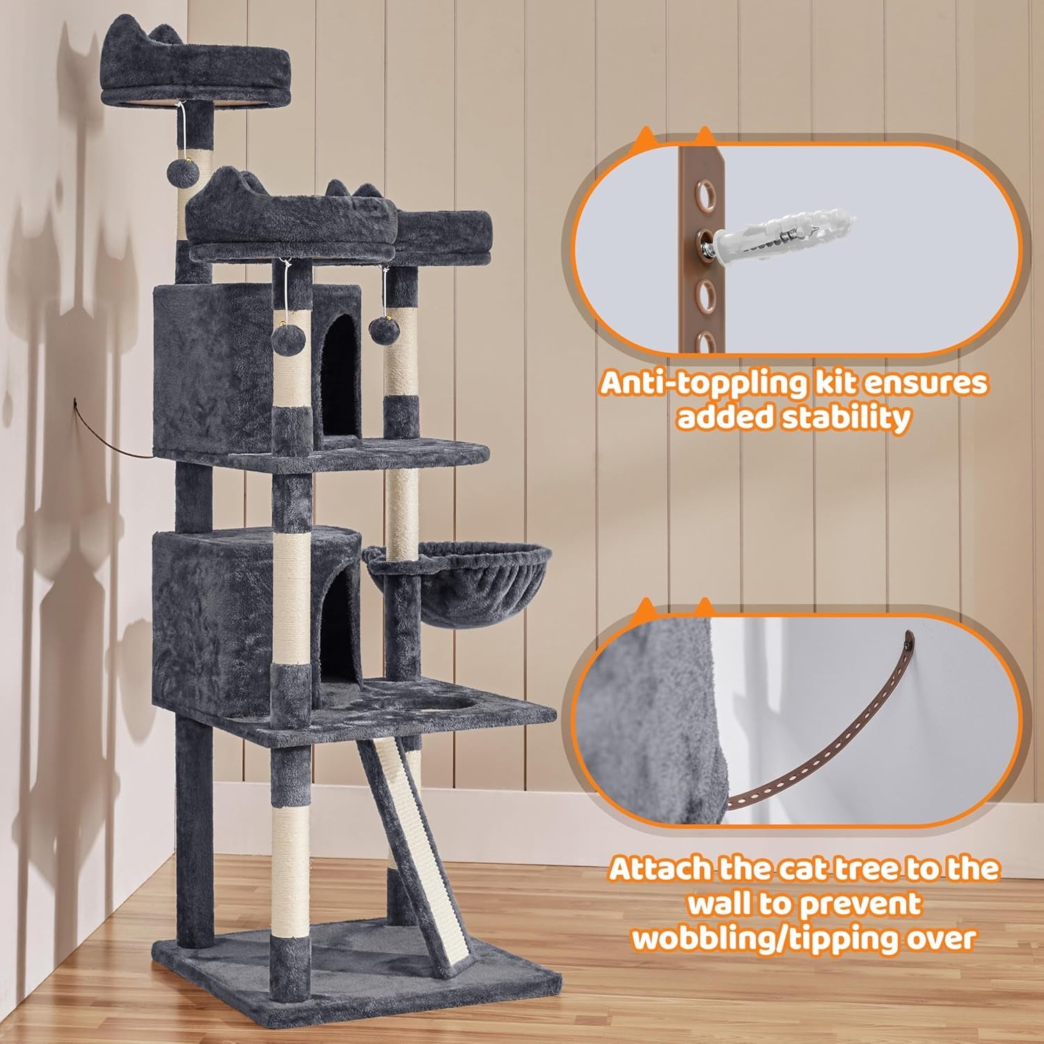 Yaheetech 68.5-Inch Multi-Level Cat Tree for Large Cats with Three Spacious Perches and Large Condo, Stable Pet Playhouse Featuring Sisal-Covered Scratching Posts and Board in Dark Gray