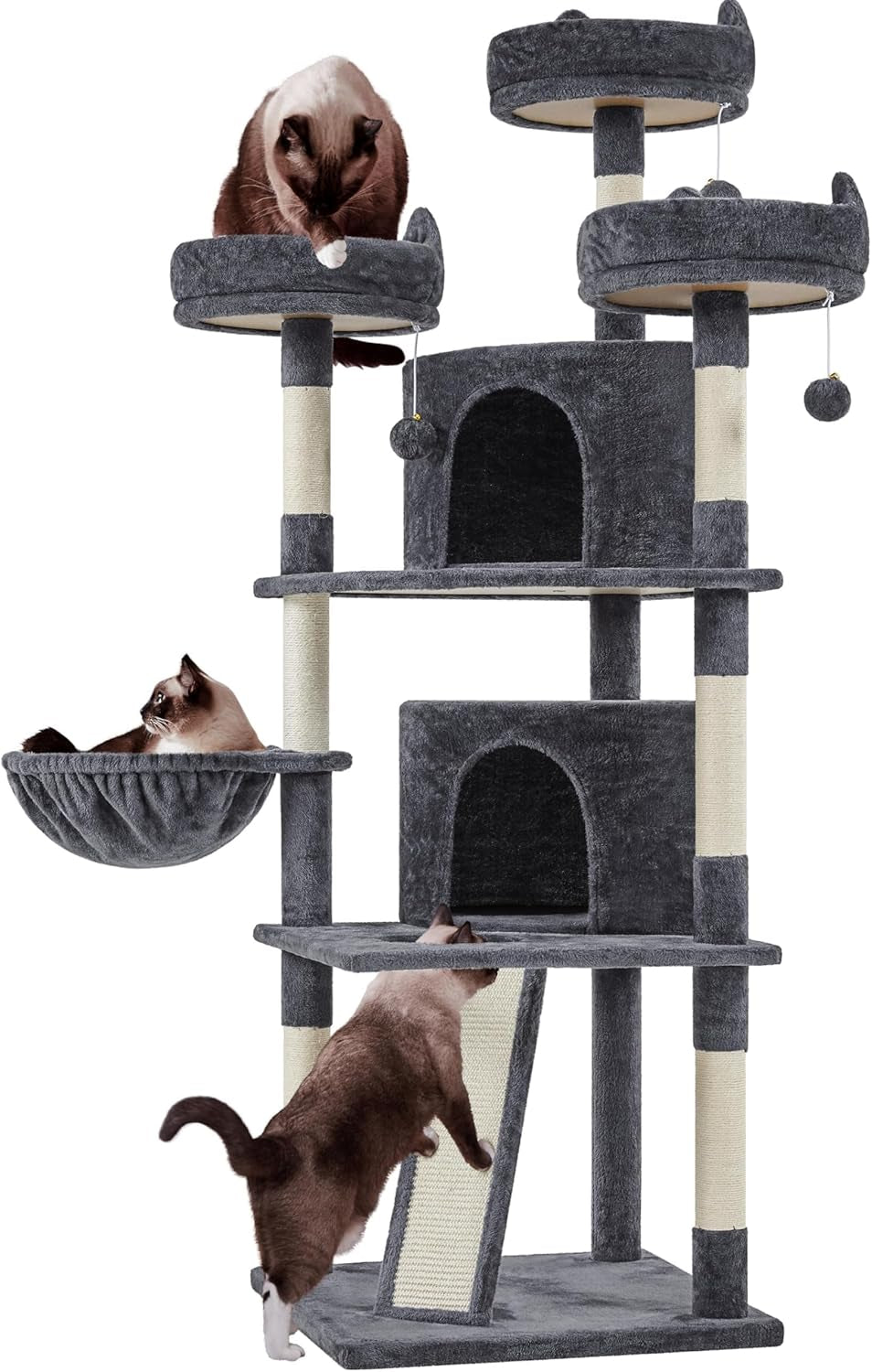 Yaheetech 68.5-Inch Multi-Level Cat Tree for Large Cats with Three Spacious Perches and Large Condo, Stable Pet Playhouse Featuring Sisal-Covered Scratching Posts and Board in Dark Gray