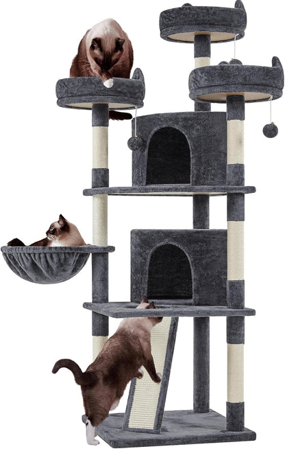 Yaheetech 68.5-Inch Multi-Level Cat Tree for Large Cats with Three Spacious Perches and Large Condo, Stable Pet Playhouse Featuring Sisal-Covered Scratching Posts and Board in Dark Gray