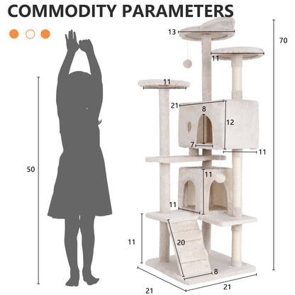 70-Inch Multi-Level Cat Tree Tower for Indoor Cats with Scratching Posts, Condo, and Play Toys - Beige