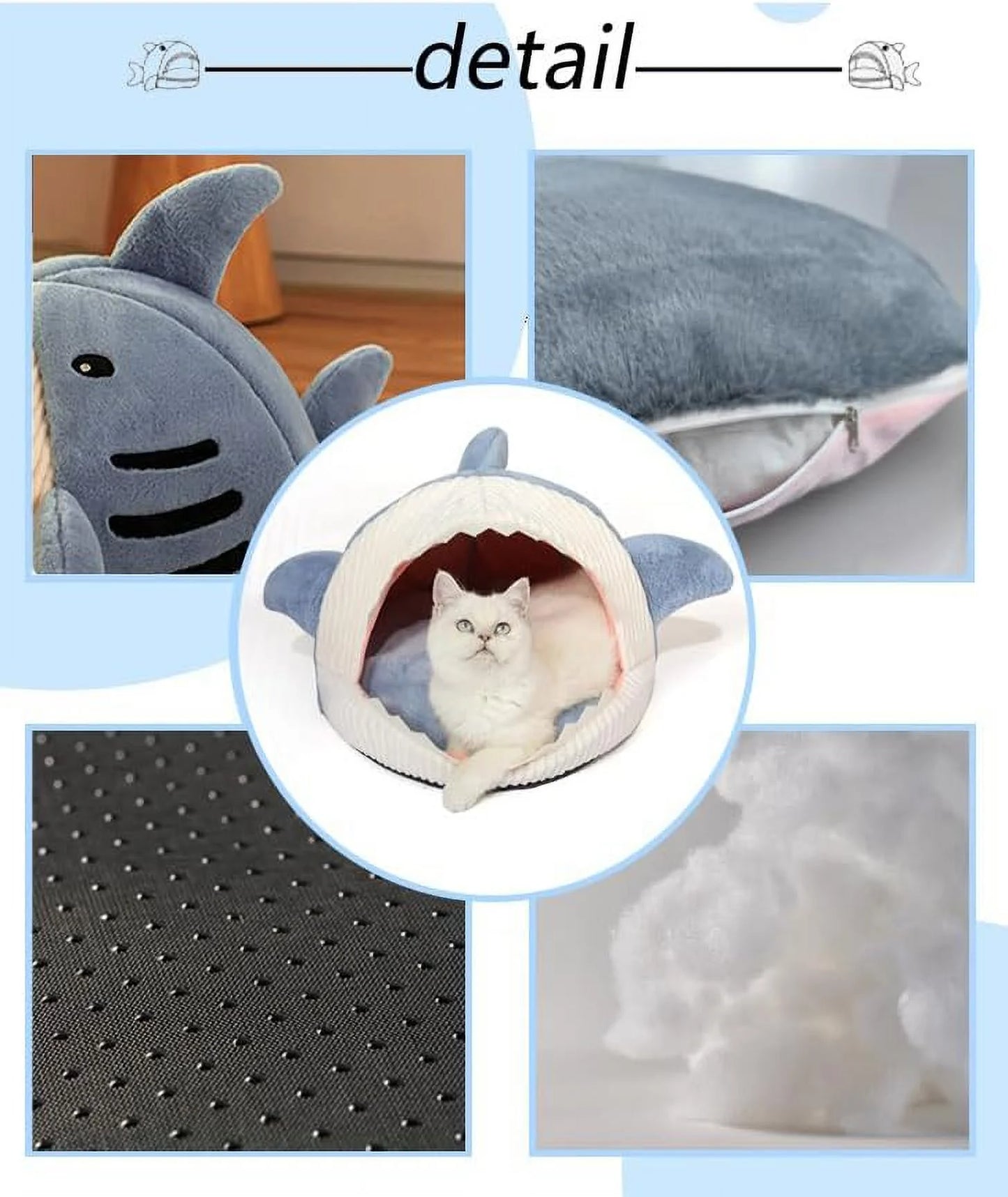 Large Shark-Shaped Cat Bed with Removable and Washable Pillow in Blue