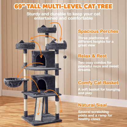Yaheetech 68.5-Inch Multi-Level Cat Tree for Large Cats with Three Spacious Perches and Large Condo, Stable Pet Playhouse Featuring Sisal-Covered Scratching Posts and Board in Dark Gray