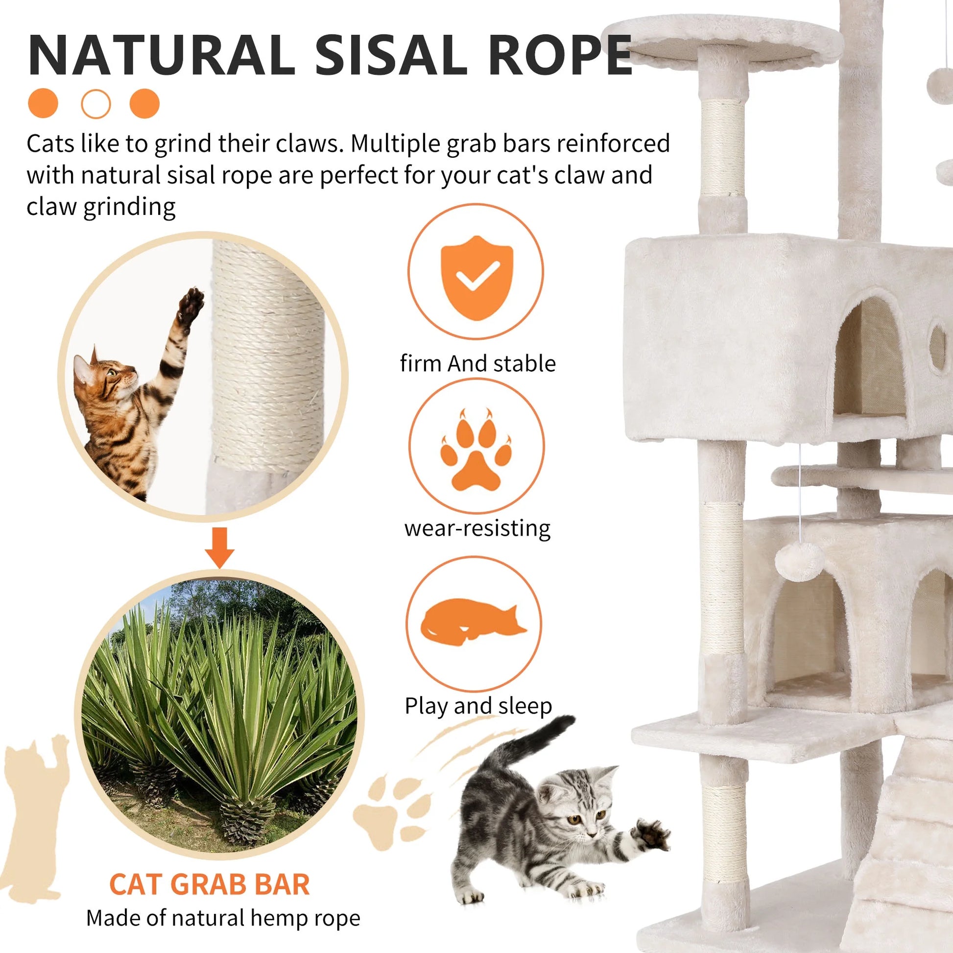 70-Inch Multi-Level Cat Tree Tower for Indoor Cats with Scratching Posts, Condo, and Play Toys - Beige