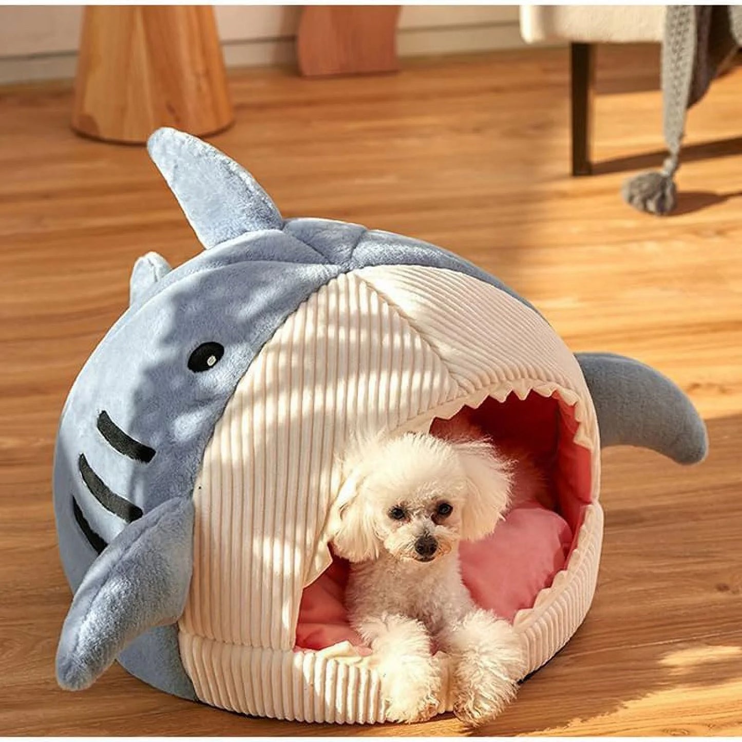 Large Shark-Shaped Cat Bed with Removable and Washable Pillow in Blue