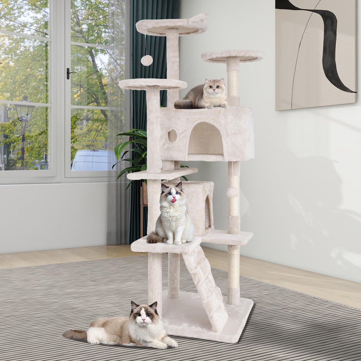 70-Inch Multi-Level Cat Tree Tower for Indoor Cats with Scratching Posts, Condo, and Play Toys - Beige