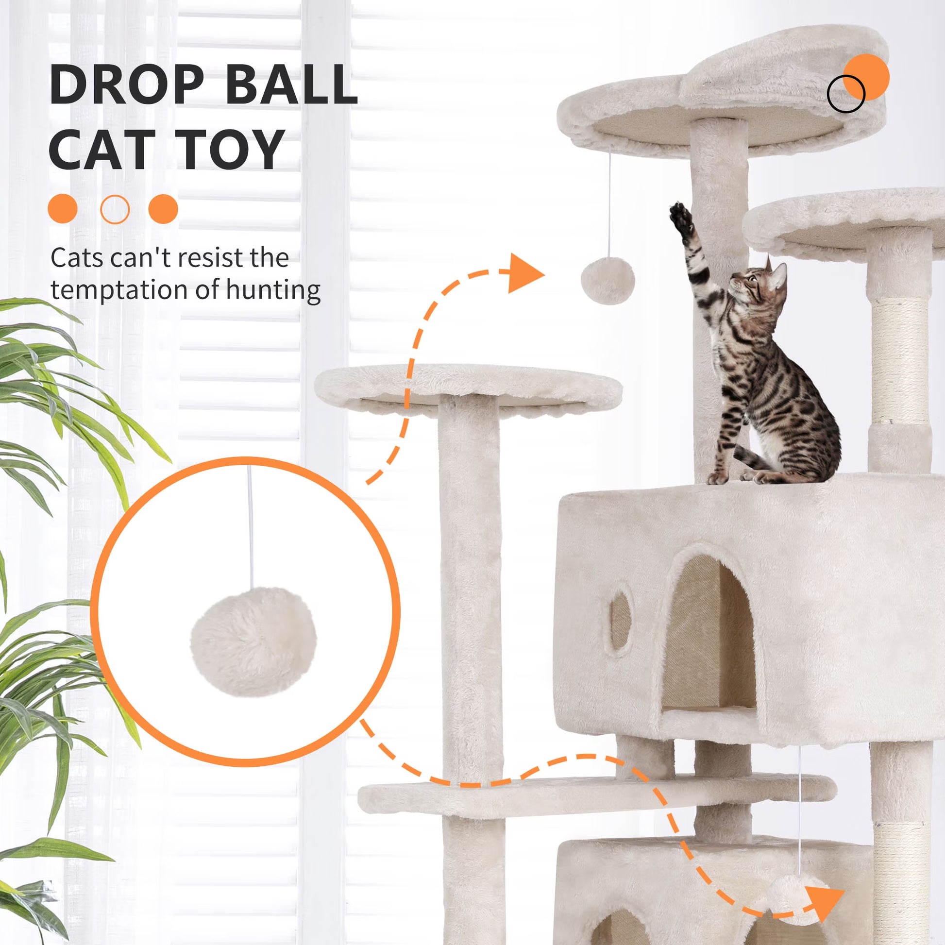 70-Inch Multi-Level Cat Tree Tower for Indoor Cats with Scratching Posts, Condo, and Play Toys - Beige