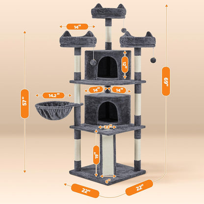 Yaheetech 68.5-Inch Multi-Level Cat Tree for Large Cats with Three Spacious Perches and Large Condo, Stable Pet Playhouse Featuring Sisal-Covered Scratching Posts and Board in Dark Gray