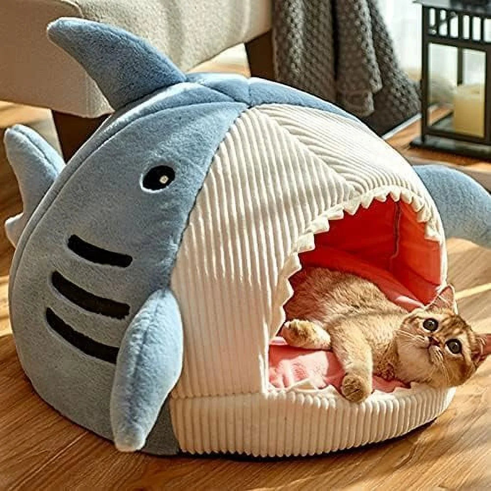 Large Shark-Shaped Cat Bed with Removable and Washable Pillow in Blue