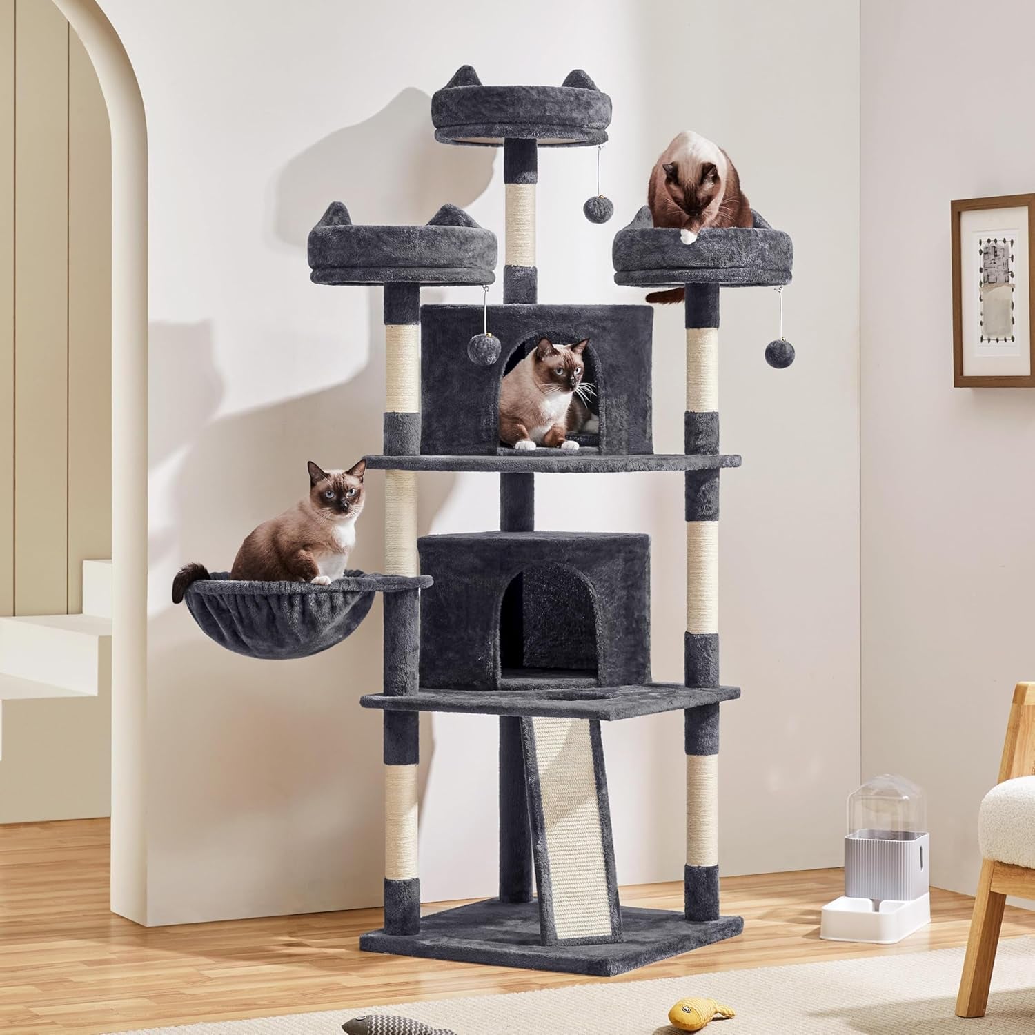 Yaheetech 68.5-Inch Multi-Level Cat Tree for Large Cats with Three Spacious Perches and Large Condo, Stable Pet Playhouse Featuring Sisal-Covered Scratching Posts and Board in Dark Gray